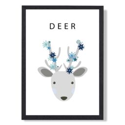 ARTZE Cute Deer with Blue Stars Framed Print SIZE: A2 with Black Frame in Pale Blue - Size: A3 - thumbnail 1