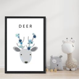 ARTZE Cute Deer with Blue Stars Framed Print SIZE: A2 with Black Frame in Pale Blue - Size: A3 - thumbnail 2