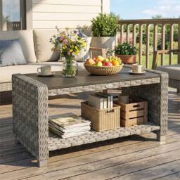 EONLION Grey Outdoor Side Table with Storage Shelf - Size: 100 cm