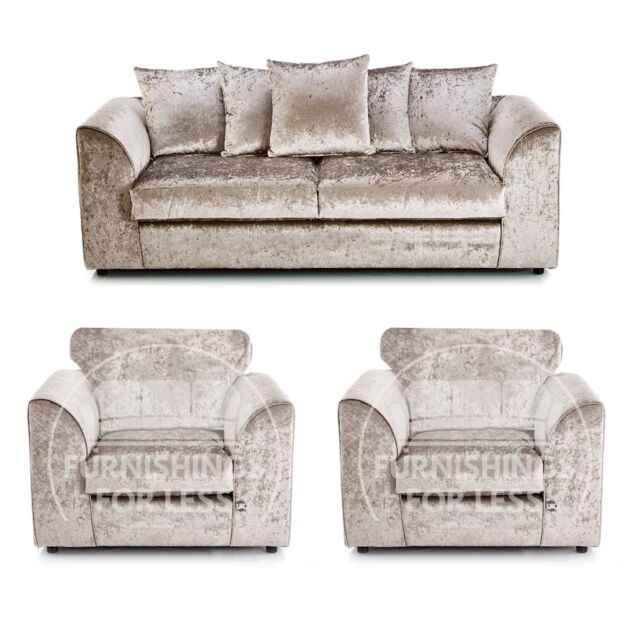 Furnishings For Less UK Crystal Crushed Velvet 5 Seater 3 Piece Sofa Suite - 3, 2 & Armchair Seater Scatter Back in Beige - image 1