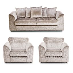 Furnishings For Less UK Crystal Crushed Velvet 5 Seater 3 Piece Sofa Suite - 3, 2 & Armchair Seater Scatter Back in Beige - thumbnail 1