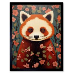 "Artery8 Wall Art Print Red Panda Cute Tree Blossom Kids Bedroom Artwork Art Framed in Black - Size: W12"" x H16""" - thumbnail 1