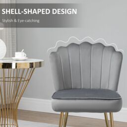 HOMCOM Velvet-Feel Shell Luxe Accent Chair Home Bedroom Lounge Metal Legs in Grey - thumbnail 5