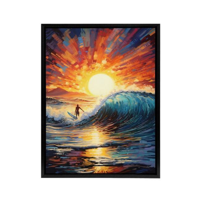"Artery8 Sunset Surfing Surfer Riding Waves Framed Canvas Wall Art Print in Orange - Size: W12"" x H16""" - image 1