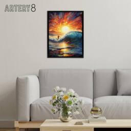 "Artery8 Sunset Surfing Surfer Riding Waves Framed Canvas Wall Art Print in Orange - Size: W12"" x H16""" - thumbnail 3