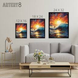 "Artery8 Sunset Surfing Surfer Riding Waves Framed Canvas Wall Art Print in Orange - Size: W12"" x H16""" - thumbnail 4