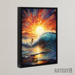 "Artery8 Sunset Surfing Surfer Riding Waves Framed Canvas Wall Art Print in Orange - Size: W12"" x H16""" - thumbnail 2
