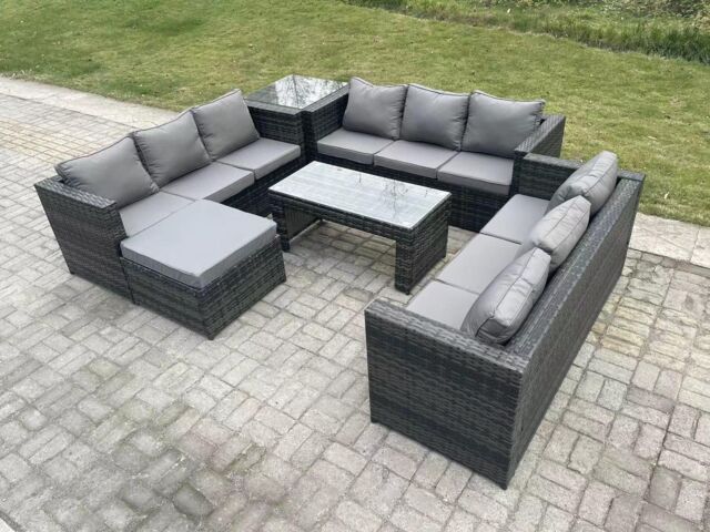 Fimous Rattan Garden Furniture Lounge Sofa Set With Oblong Rectagular Coffee Table Big Footstool in Dark Grey - image 1