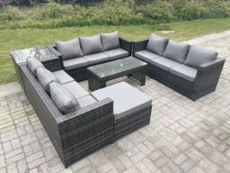 Fimous Rattan Garden Furniture Lounge Sofa Set With Oblong Rectagular Coffee Table Big Footstool in Dark Grey - thumbnail 3