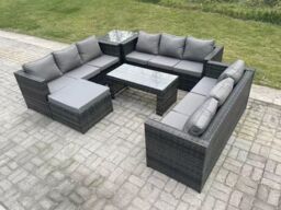 Fimous Rattan Garden Furniture Lounge Sofa Set With Oblong Rectagular Coffee Table Big Footstool in Dark Grey - thumbnail 1