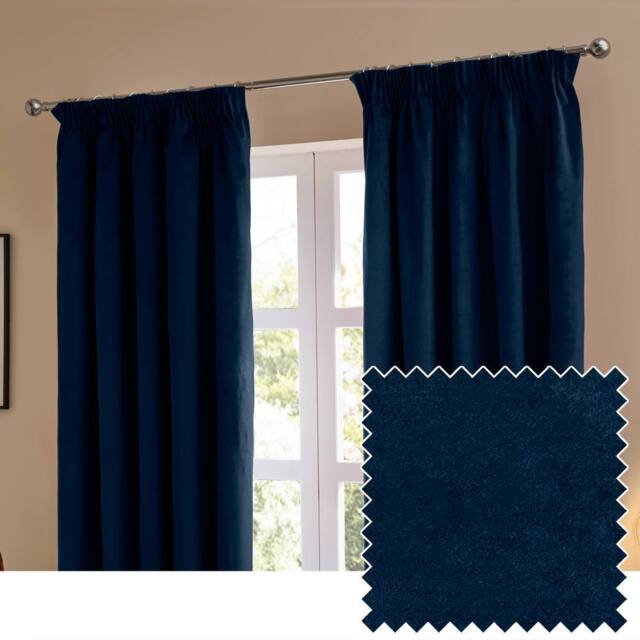 Furn The Ultimate Velvet Room Darkening Pencil Pleat Curtain Pair in Blue - Size: 117 cm width x 137 cm drop - image 1