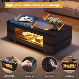 Merax High Gloss LED Coffee Table with Tempered Glass Top & Open Storage in Black - thumbnail 3
