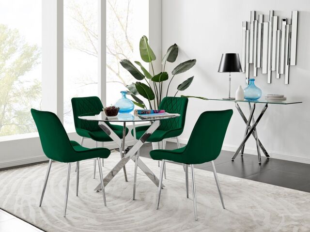 FurnitureboxUK Novara Clear Tempered Glass 100cm Round Dining Table with Chrome Starburst Legs & 4 Pesaro Velvet Silver Leg Chairs in Green - image 1