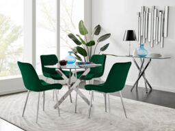FurnitureboxUK Novara Clear Tempered Glass 100cm Round Dining Table with Chrome Starburst Legs & 4 Pesaro Velvet Silver Leg Chairs in Green