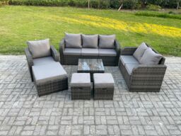 Fimous Rattan Garden Furniture 7 Piece Patio Set With Table Sofa Square Coffee Table Reclining Chair Love seat sofa Side in Dark Grey - thumbnail 2