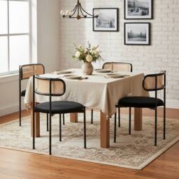 BTM Set of 4 Black Velvet & Rattan Dining Chairs