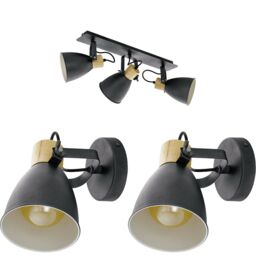 Loops Ceiling Spot Light & 2x Matching Wall Lights Black & Wood Adjustable Shade - thumbnail 1