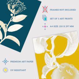 Artery8 Wall Art Print Pack of 3 A4 Bold Bright Botanicals Plant Tree Branch Bloom Blue Red Yellow Living Room s Set - thumbnail 4