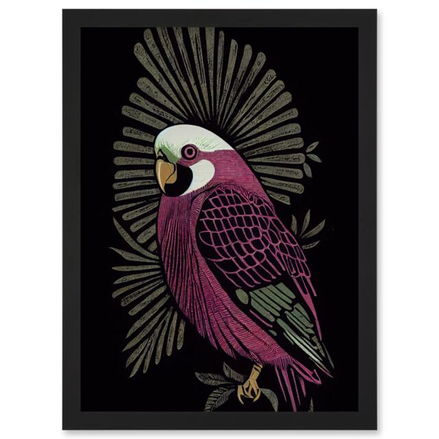 Artery8 Tropical Bird Jungle Deep Green Linocut Retro Vintage Artwork Framed Wall Art Print A4 in Black - image 1