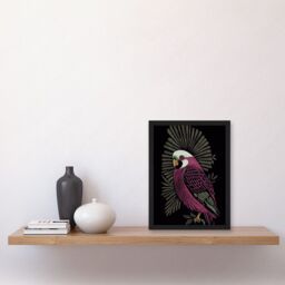 Artery8 Tropical Bird Jungle Deep Green Linocut Retro Vintage Artwork Framed Wall Art Print A4 in Black - thumbnail 2
