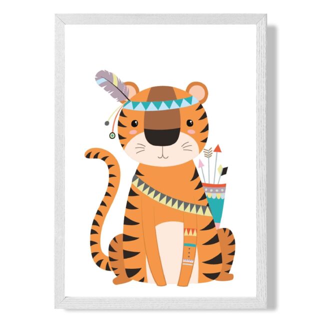 ARTZE Tiger Tribal Animal Framed Print SIZE: A2 with White Frame in Orange - Size: A4 - image 1