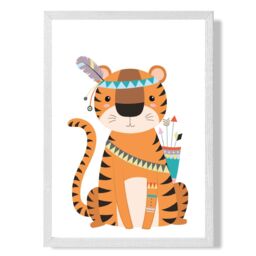 ARTZE Tiger Tribal Animal Framed Print SIZE: A2 with White Frame in Orange - Size: A4