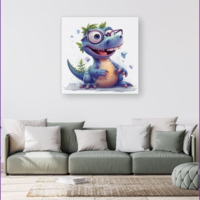 Warren Reed - Designer Happy Dinosaur With Glasses Canvas - Size: w40 inch x h40 inch - image 1