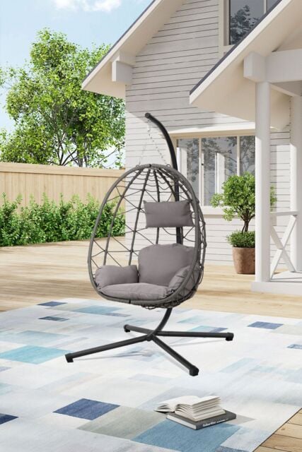 Living and Home Freestanding Hanging Chair with Stand and Cushion for Indoor & Outdoor in Grey - image 1