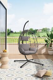 Living and Home Freestanding Hanging Chair with Stand and Cushion for Indoor & Outdoor in Grey - thumbnail 3