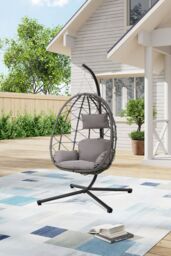 Living and Home Freestanding Hanging Chair with Stand and Cushion for Indoor & Outdoor in Grey - thumbnail 1