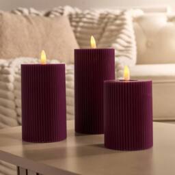 OHS Set of 3 Ribbed Flameless LED Candles Decorative Lights Party Home in Burgundy - thumbnail 1