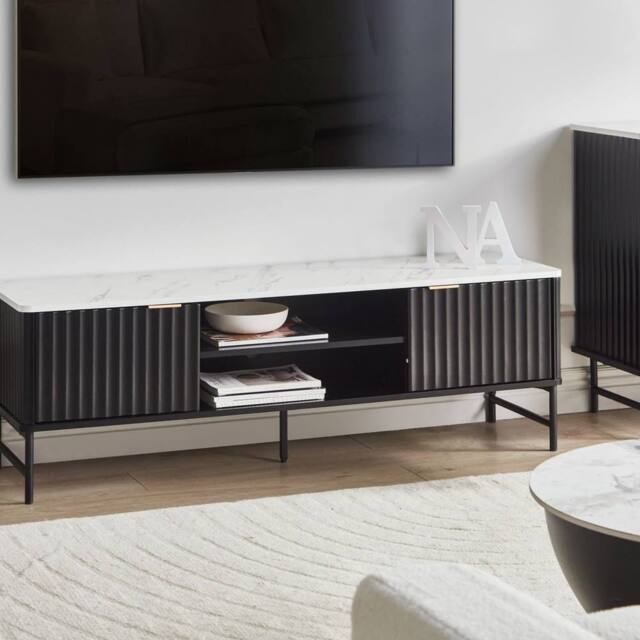 Wyld and Coco Black Marble-Effect TV Stand 140x40 cm - MDF with Iron Legs - image 1