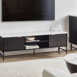 Wyld and Coco Black Marble-Effect TV Stand 140x40 cm - MDF with Iron Legs - thumbnail 1