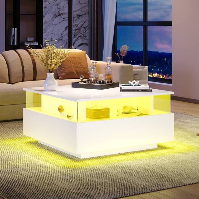 STILVORA Square Coffee Table with 2 Drawers & LED, White - image 1