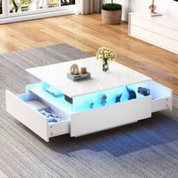 STILVORA Square Coffee Table with 2 Drawers & LED, White - thumbnail 2