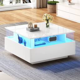 STILVORA Square Coffee Table with 2 Drawers & LED, White - thumbnail 3