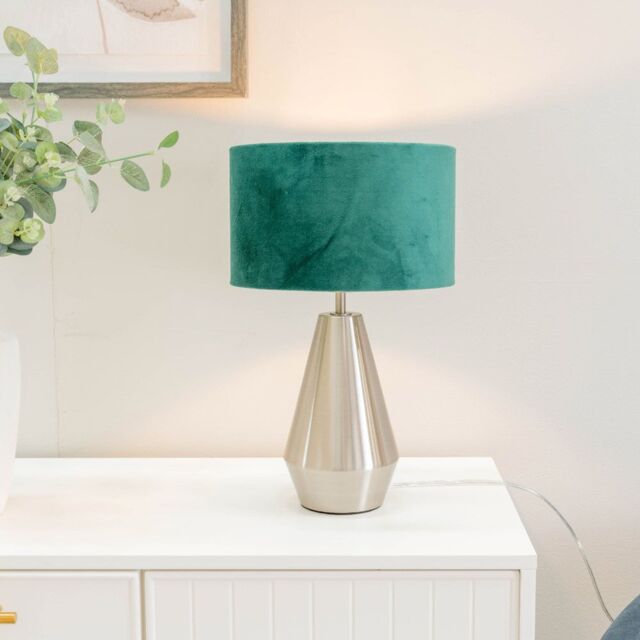 ValueLights Jax Brushed Chrome Dimmable Touch Table Lamp with Velvet Drum Shade & LED Bulb in Bottle Green - image 1