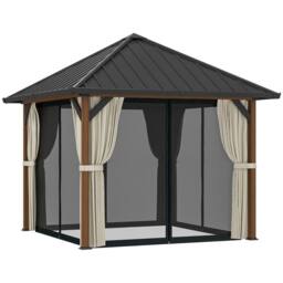 OUTSUNNY 3 x 3(m) Metal Hardtop Gazebo with Netting & Curtains, Walnut - thumbnail 2