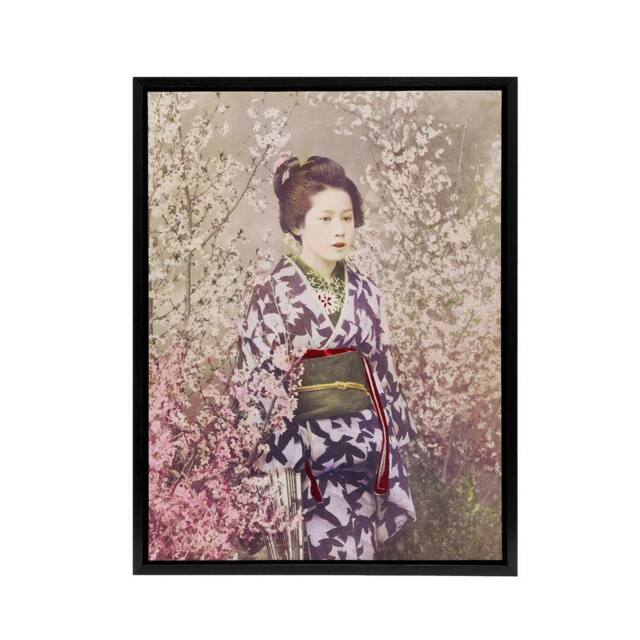 "Artery8 Geisha & Cherry Blossom Framed Canvas Wall Art Print Ogawa Kazumasa in Pink - Size: W12"" x H16""" - image 1
