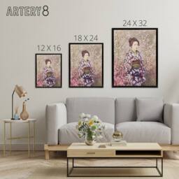 "Artery8 Geisha & Cherry Blossom Framed Canvas Wall Art Print Ogawa Kazumasa in Pink - Size: W12"" x H16""" - thumbnail 4