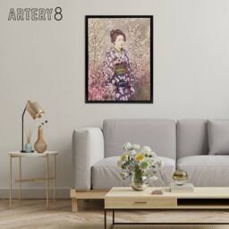 "Artery8 Geisha & Cherry Blossom Framed Canvas Wall Art Print Ogawa Kazumasa in Pink - Size: W12"" x H16""" - thumbnail 3
