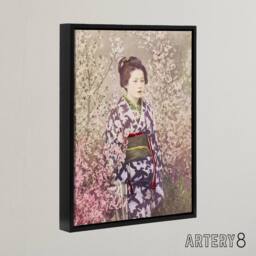 "Artery8 Geisha & Cherry Blossom Framed Canvas Wall Art Print Ogawa Kazumasa in Pink - Size: W12"" x H16""" - thumbnail 2