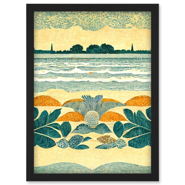 Artery8 Seaweed Sunshine & Seashells Beach Scene Seascape Artwork Framed Wall Art Print A4 in Black - image 1