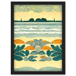 Artery8 Seaweed Sunshine & Seashells Beach Scene Seascape Artwork Framed Wall Art Print A4 in Black - thumbnail 1