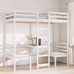 Berkfield Home Loft Bed Frame with Desk & Chairs White 75x190cm Solid Wood Pine - Size: 75x190 cm - thumbnail 3