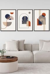 Set of 3 Black Framed Mid Century Terracotta, Beige and Navy Blue Arches Wall Art