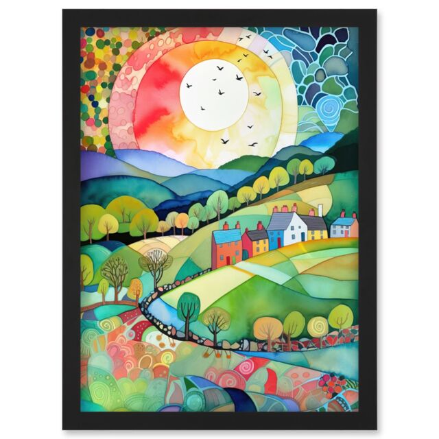 Artery8 Rural Landscape English Countryside Sunrise Folk Art Watercolour Painting Artwork Framed Wall Art Print A4 in Black - image 1