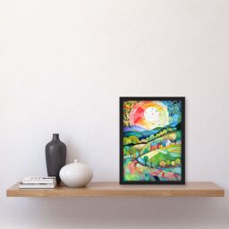 Artery8 Rural Landscape English Countryside Sunrise Folk Art Watercolour Painting Artwork Framed Wall Art Print A4 in Black - thumbnail 2