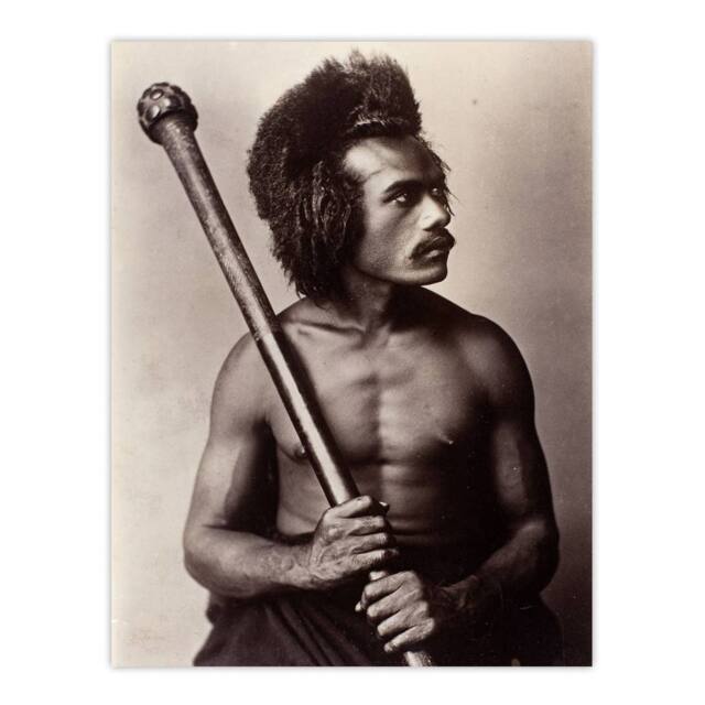 "Artery8 Burton Brothers Photograph of a Fijian Warrior Wall Art Print in Brown - Size: W12"" x H16""" - image 1