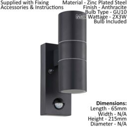 Loops IP44 Outdoor Wall Light & PIR Sensor Anthracite Steel 2 x 3W GU10 Bulb in Metallics - thumbnail 2
